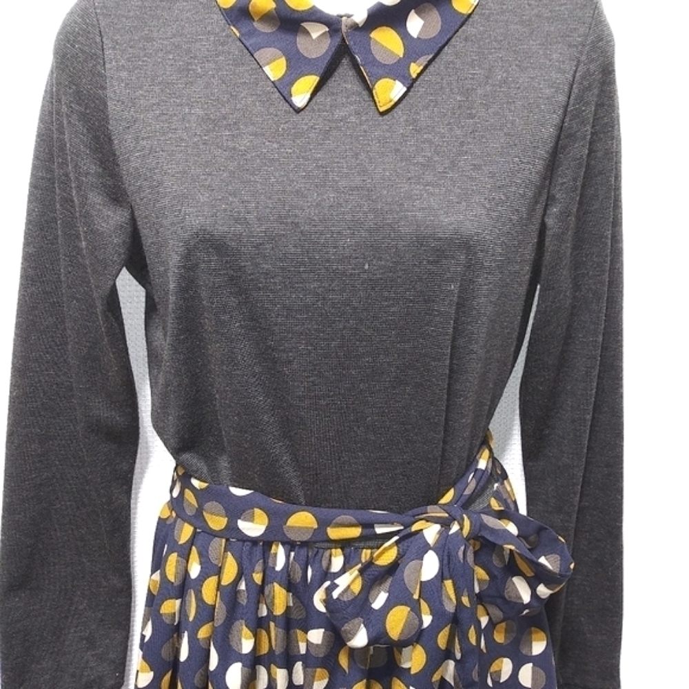 Lady JESSY B Retro Style Geometric DRESS Gray Cream Yellow Navy Sash Belt NWOT